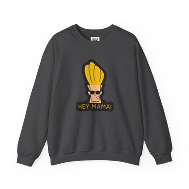 Hey Mama Johnny Bravo Sweatshirt – Face Sticker Style Retro Cartoon Winter Crewneck