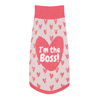 "I'm The Boss" Knitted Pet Sweater | Pink Heart Dog Sweater Back- Print