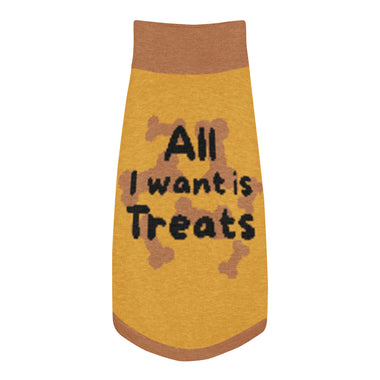 "All I Want Is Treats" Knitted Dog Sweater | Brown & Mustard Pet Pullover Back-Print