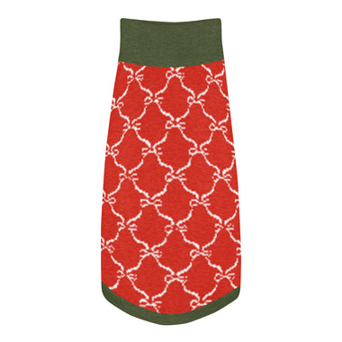 Christmas Ribbon Knitted Dog Sweater | Red Holiday Pet Pullover with Green Borders Back Print