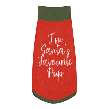 "I'm Santa’s Favourite Pup" Christmas Dog Sweater | Red Holiday Pet Pullover with Green Borders