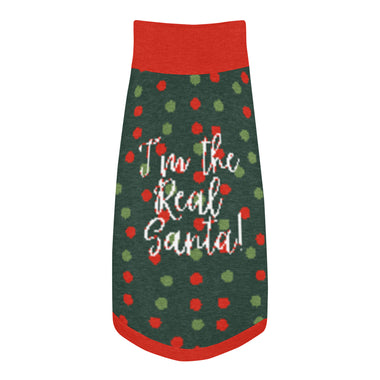 "I'm The Real Santa" Christmas Dog Sweater | Green Holiday Pet Pullover with Red Borders | Back-Print