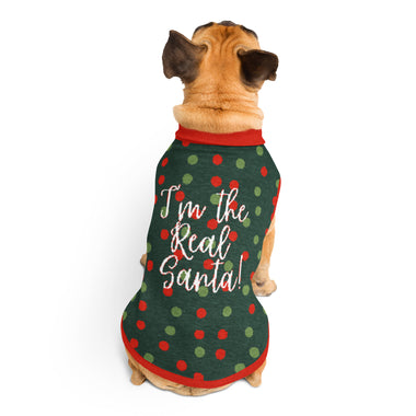"I'm The Real Santa" Christmas Dog Sweater | Green Holiday Pet Pullover with Red Borders | Back-Print