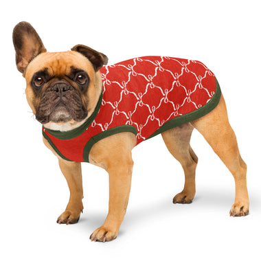 Christmas Ribbon Knitted Dog Sweater | Red Holiday Pet Pullover with Green Borders Back Print