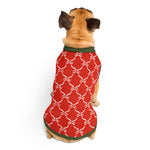 Christmas Ribbon Knitted Dog Sweater | Red Holiday Pet Pullover with Green Borders Back Print